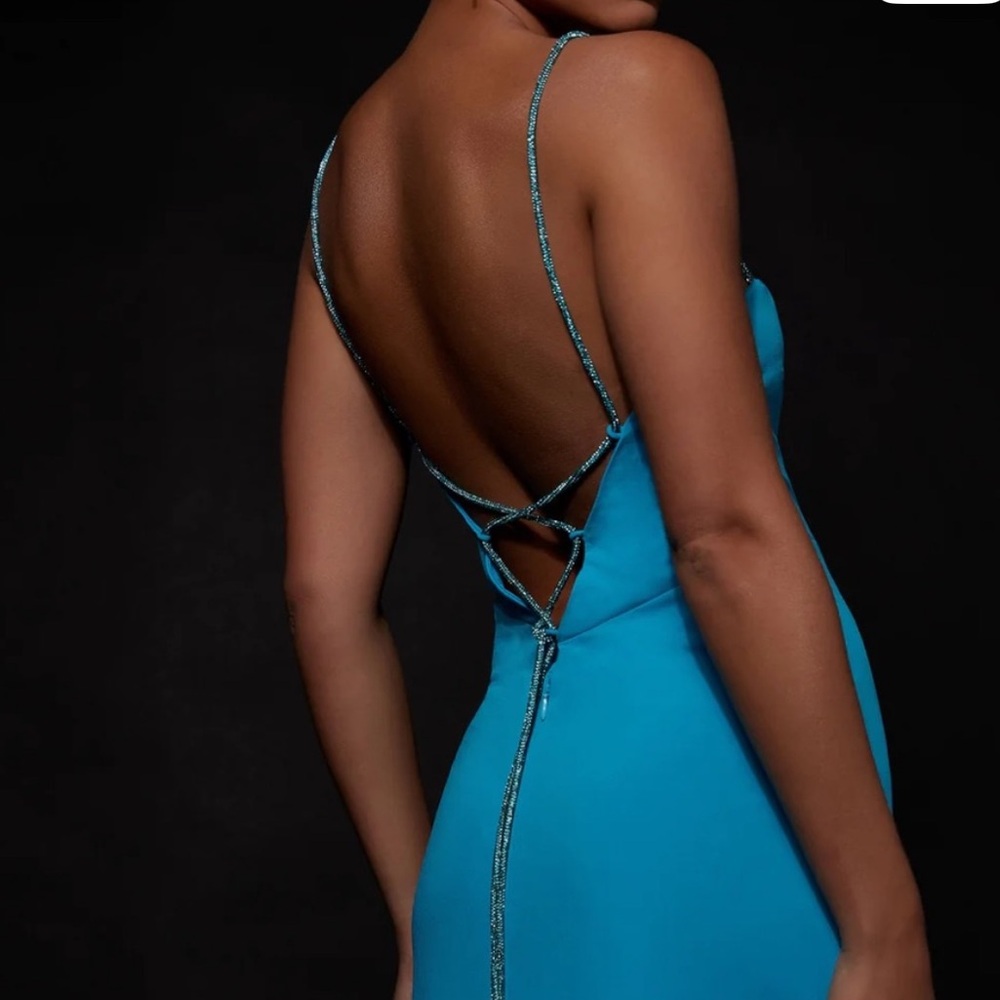 Meshki Turquoise Blue Satin Backless Slip Dress